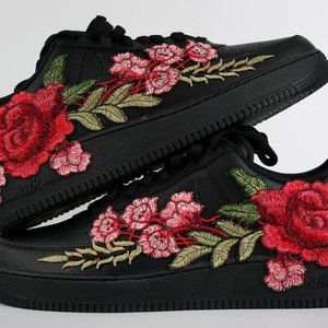 Nike Air Force 1 Custom Sneakers Shoes "Black Floral Red Rose" Flower Embroidery